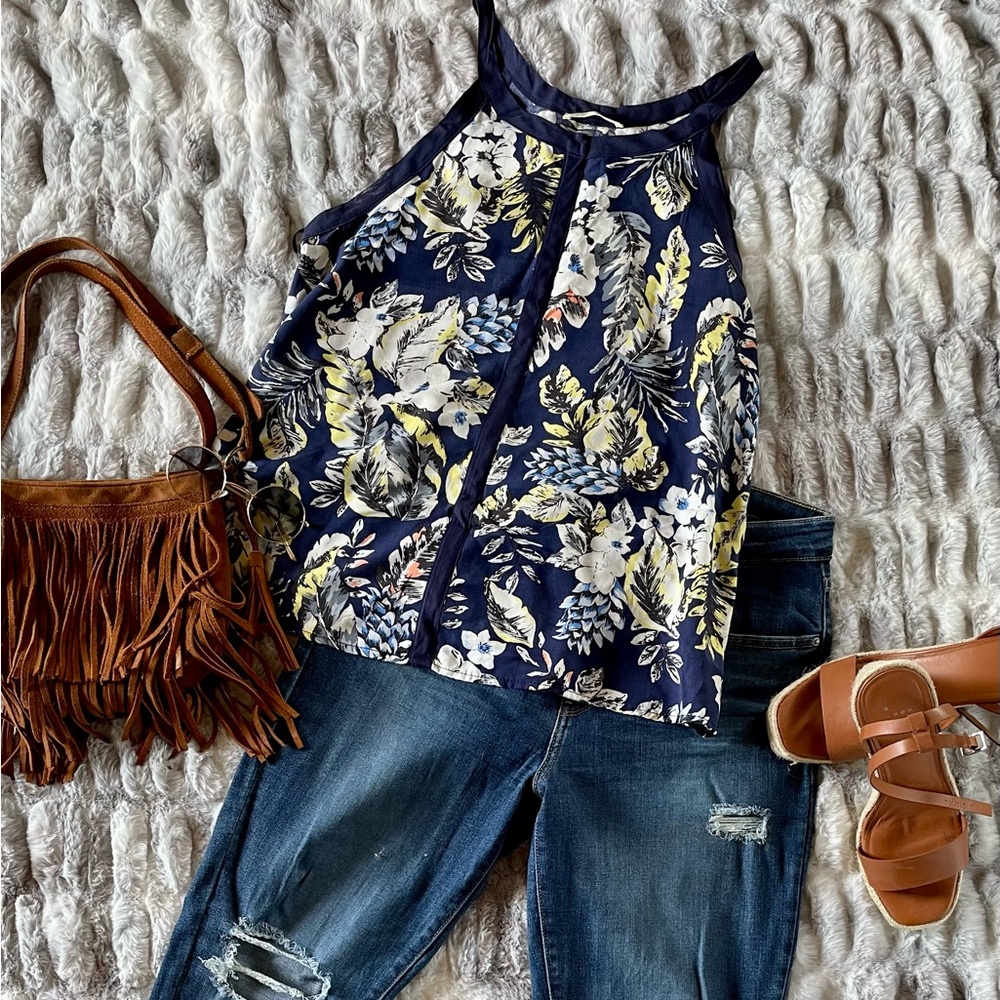 Modern Floral Print Top in Blue by Elodie. Size XL